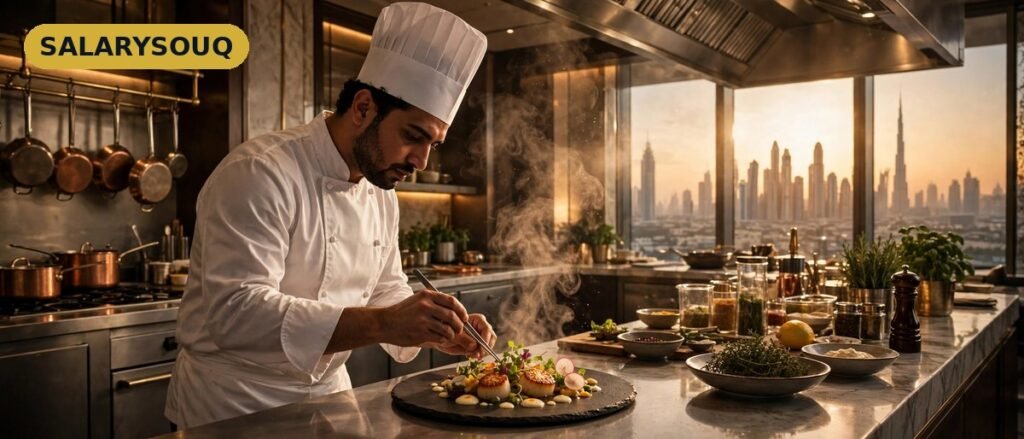 A chef plating a gourmet dish in a luxury hotel kitchen in Dubai