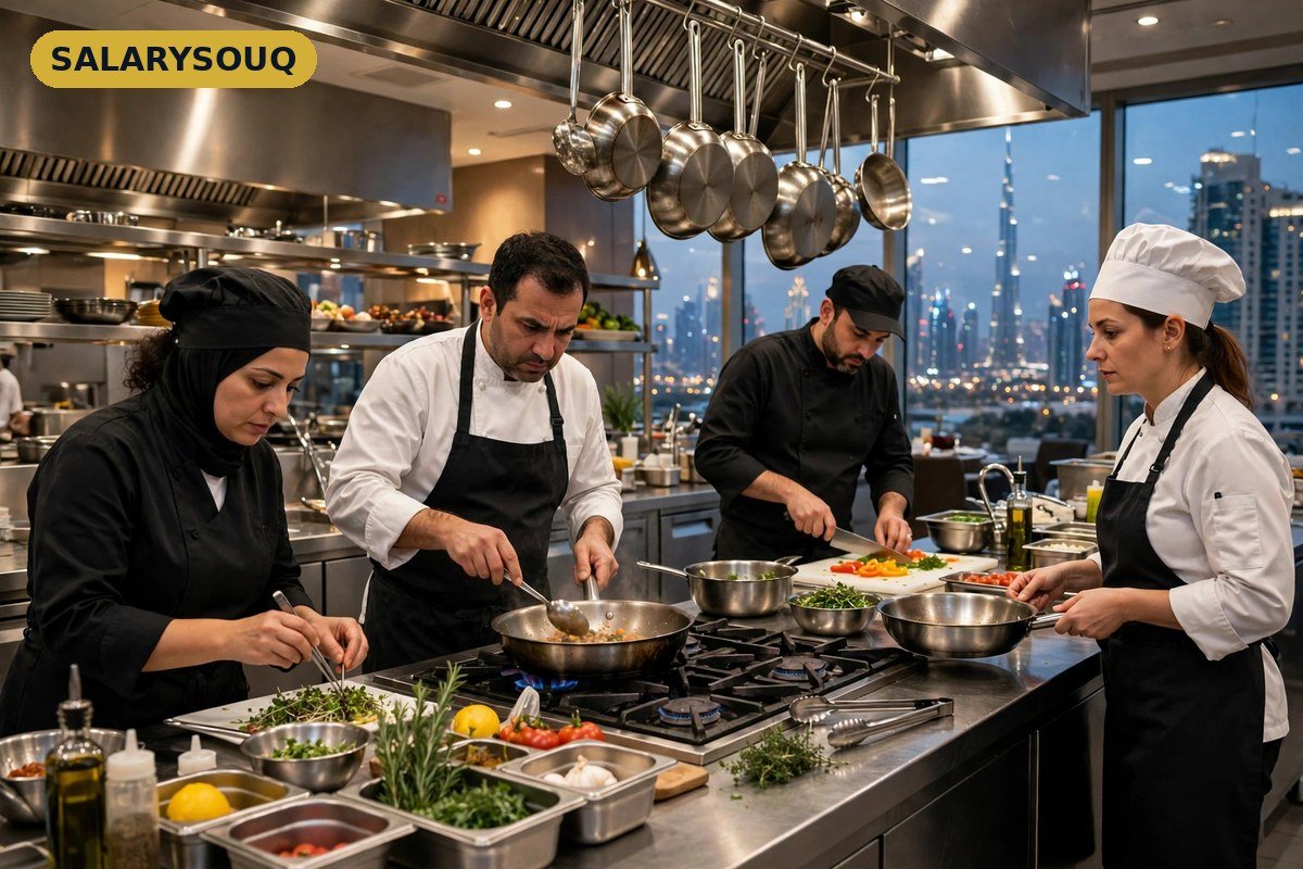 A team of chefs working together in a busy upscale restaurant kitchen in Dubai