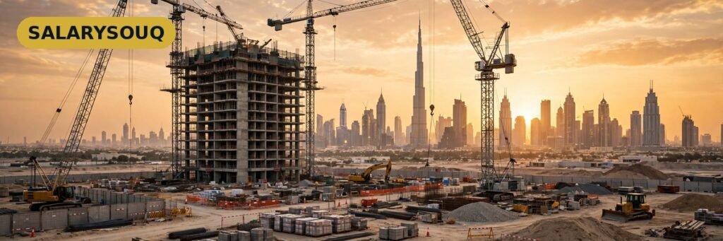 Construction site with tower cranes in Dubai at golden hour, where civil engineers earn AED 3,000-17,000 a month