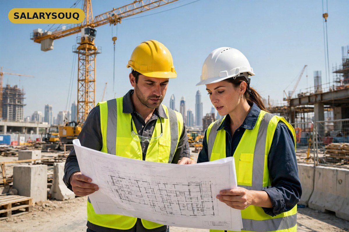 Civil engineers in safety helmets reviewing building drawings on a Dubai construction site