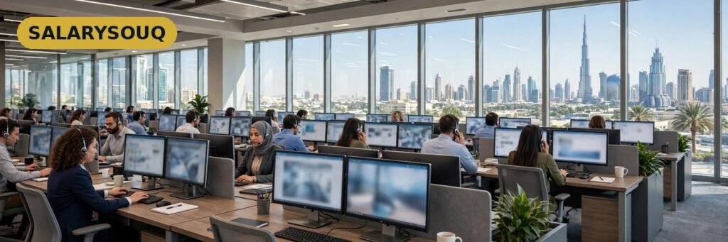 Customer service representatives with headsets working in a modern Dubai call centre