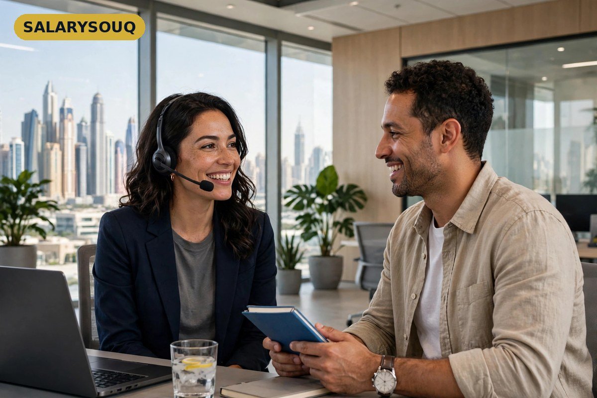 A customer service representative in Dubai helping a customer on a headset call