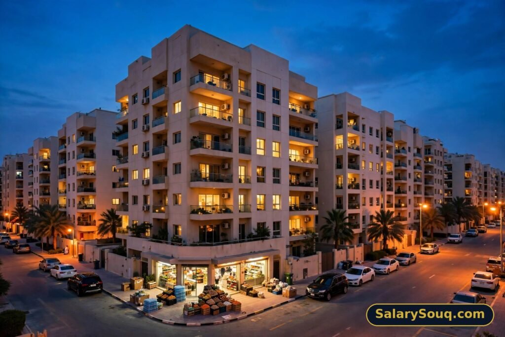 Dubai residential neighbourhood at dusk with apartment lights on — SalarySouq