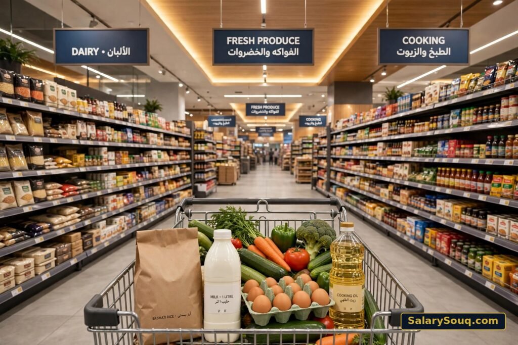 Dubai supermarket aisle with a trolley of everyday grocery staples — SalarySouq