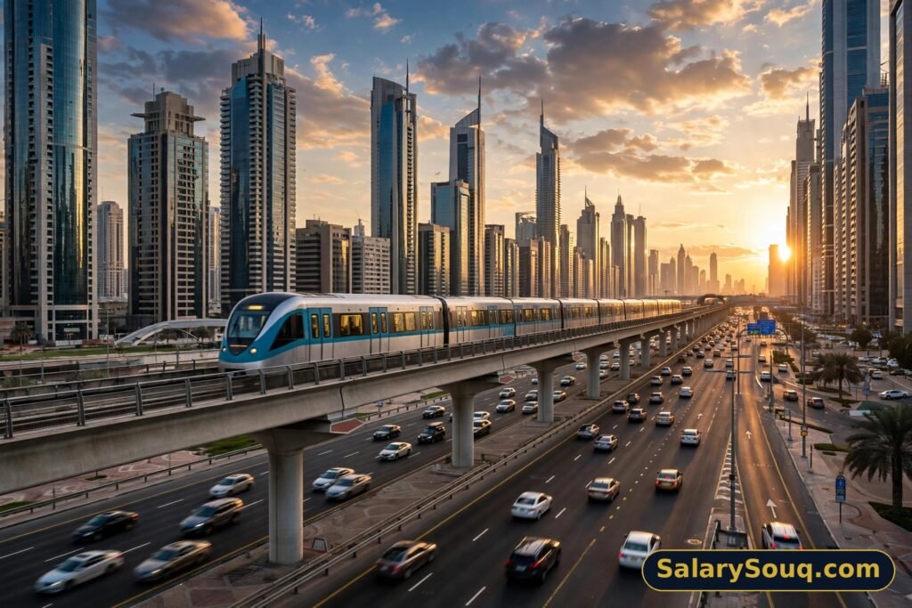 Dubai Metro train on the elevated track above Sheikh Zayed Road at golden hour — SalarySouq
