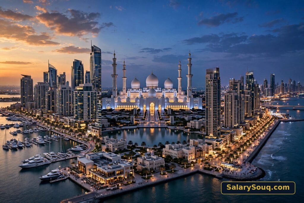 Dubai, Abu Dhabi and Sharjah skylines at dusk — SalarySouq city comparison