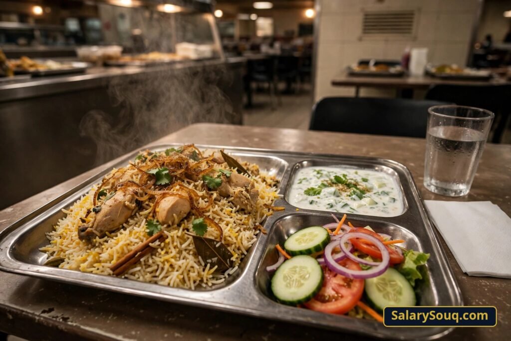 Steaming chicken biryani with raita and salad on a steel tray in a Dubai cafeteria