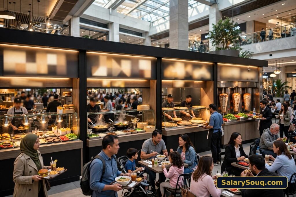 Busy Dubai mall food court at lunch hour with diners and food counters