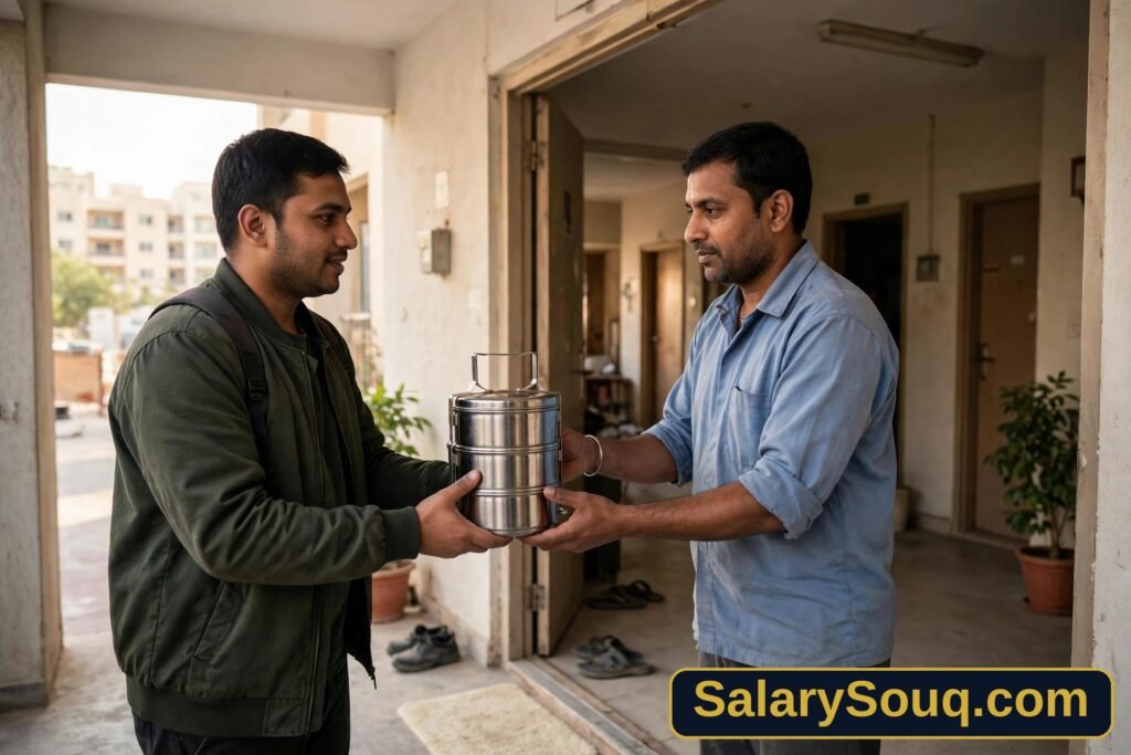 Delivery rider handing a stacked steel tiffin carrier to a worker at a Dubai apartment door