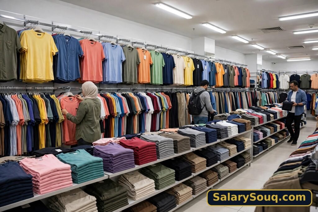 Racks of affordable clothing inside a bright Dubai value-fashion store