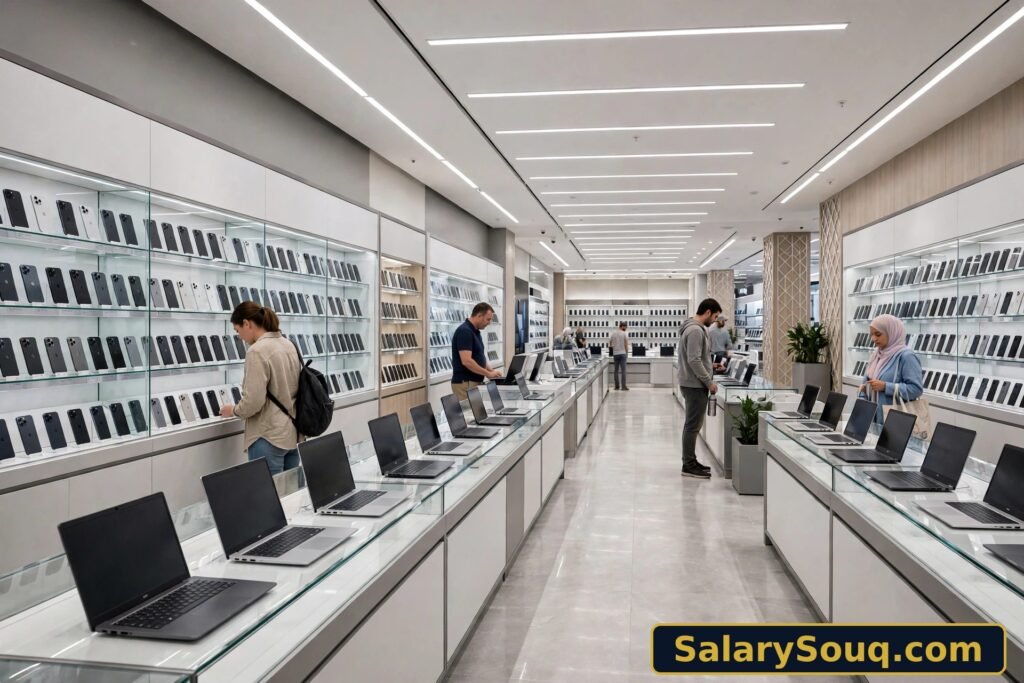 Shelves of smartphones and laptops inside a bright Dubai electronics store