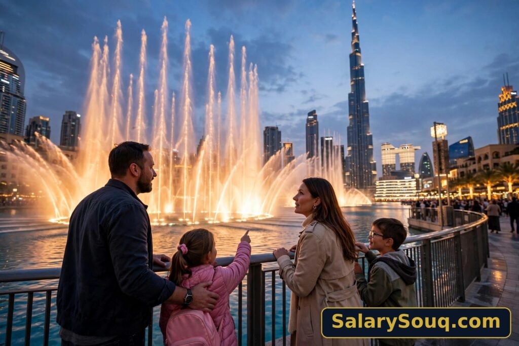 Family watching the Dubai Fountain at dusk from the Burj Lake promenade with the Burj Khalifa behind