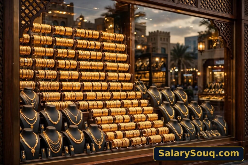 Gold bangles and necklaces on display in a Deira Gold Souk shop window