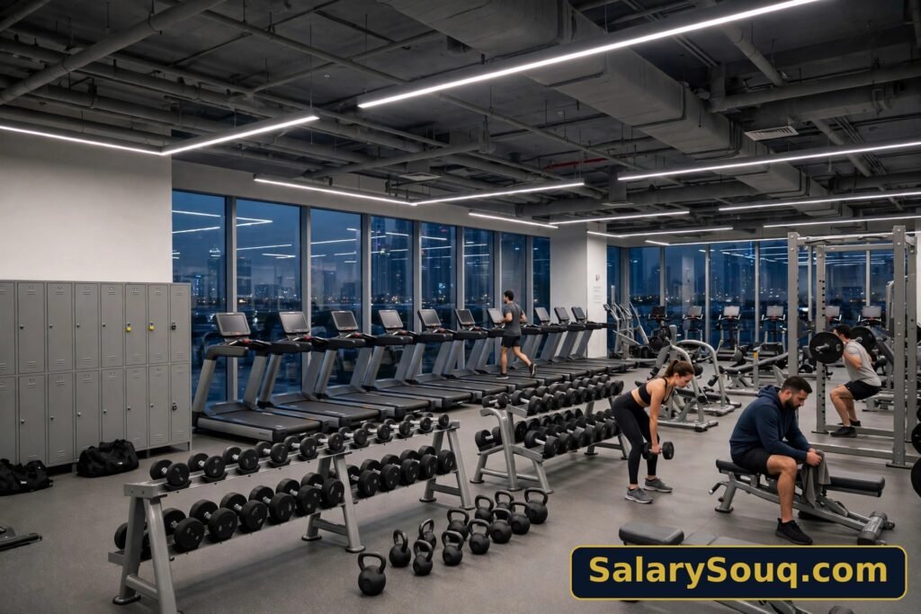 A large 24-hour budget gym floor in Dubai at 6am, rows of treadmills and free weights