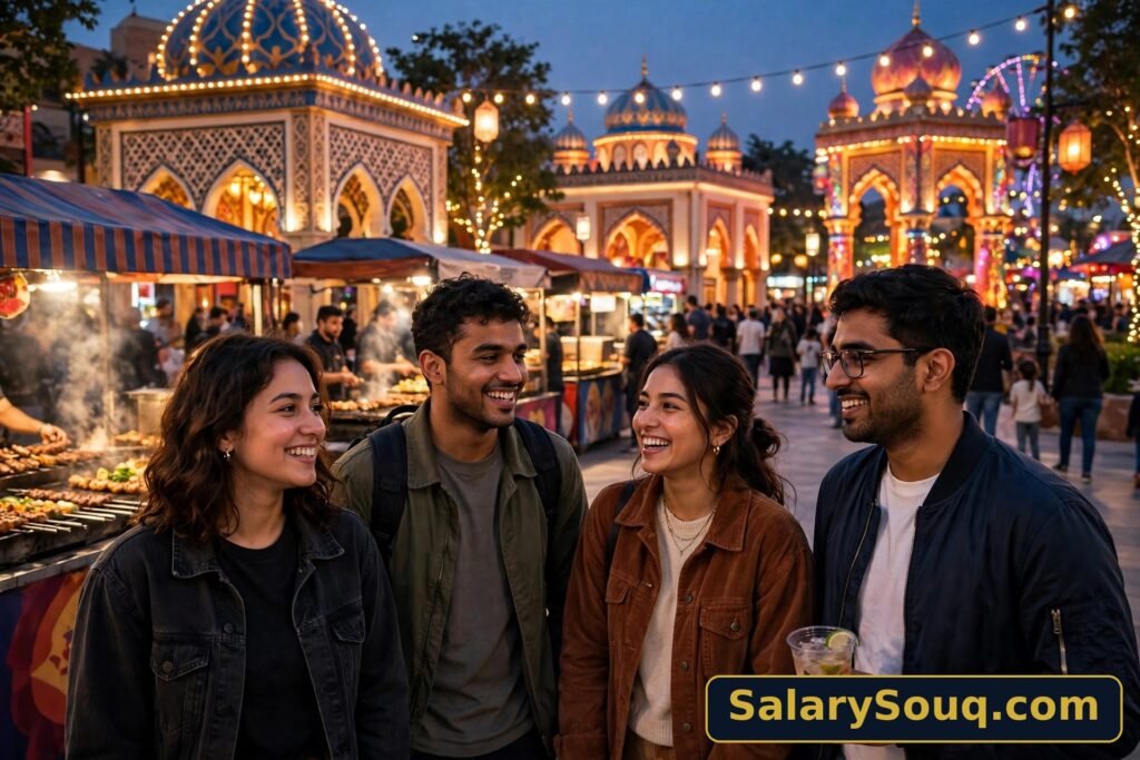 Friends at Global Village in Dubai at dusk, pavilions lit up, street food stalls in the background