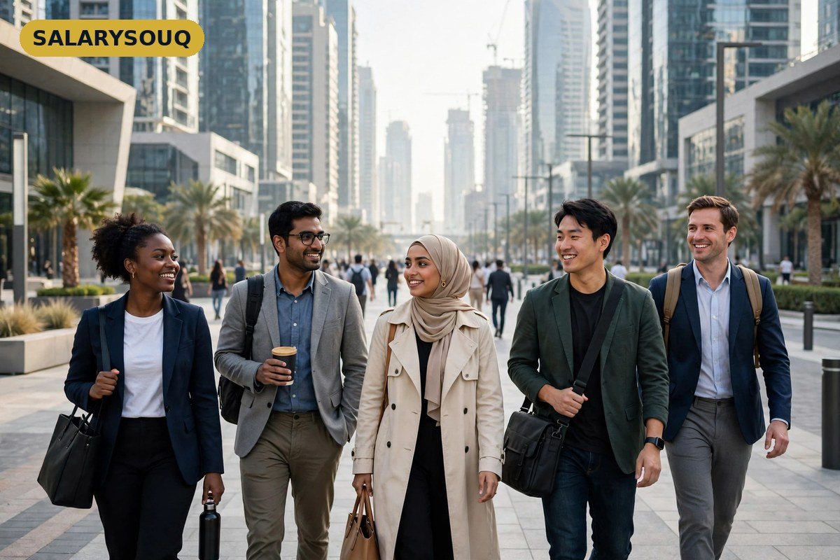Professionals in business attire walking through a Dubai business district