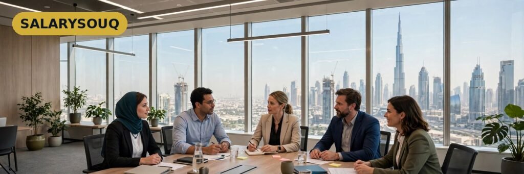 HR professionals in a modern Dubai corporate office with the skyline behind them