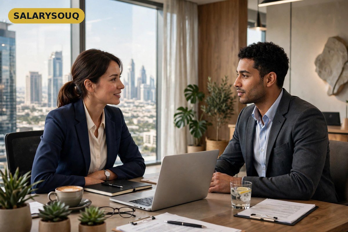 An HR manager interviewing a job candidate in a Dubai office