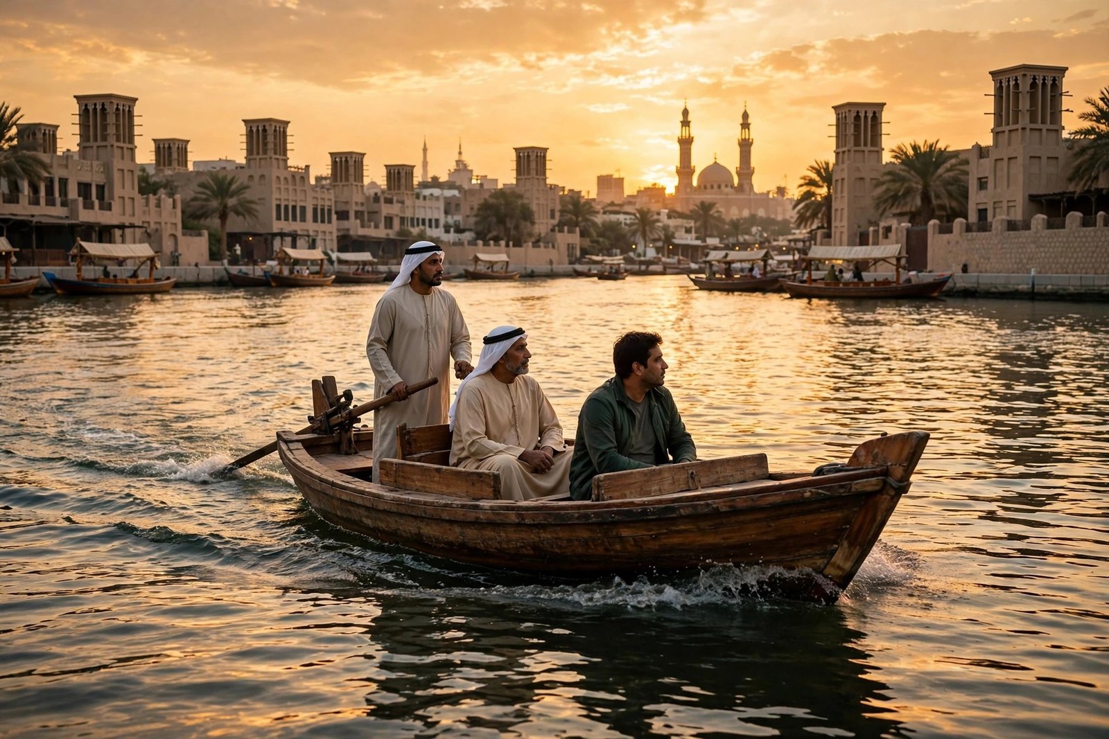 An abra crossing Dubai Creek at golden hour, Old Dubai's wind towers and minarets behind