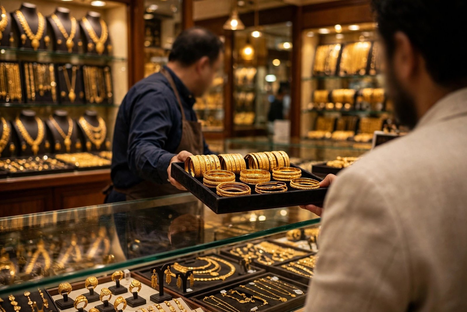 A jeweller showing 22-karat gold bangles across a glass counter in a Deira Gold Souk shop