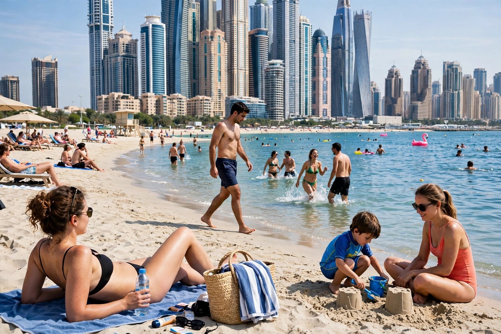 Sunbathers and swimmers at a Dubai public beach with the JBR skyline behind