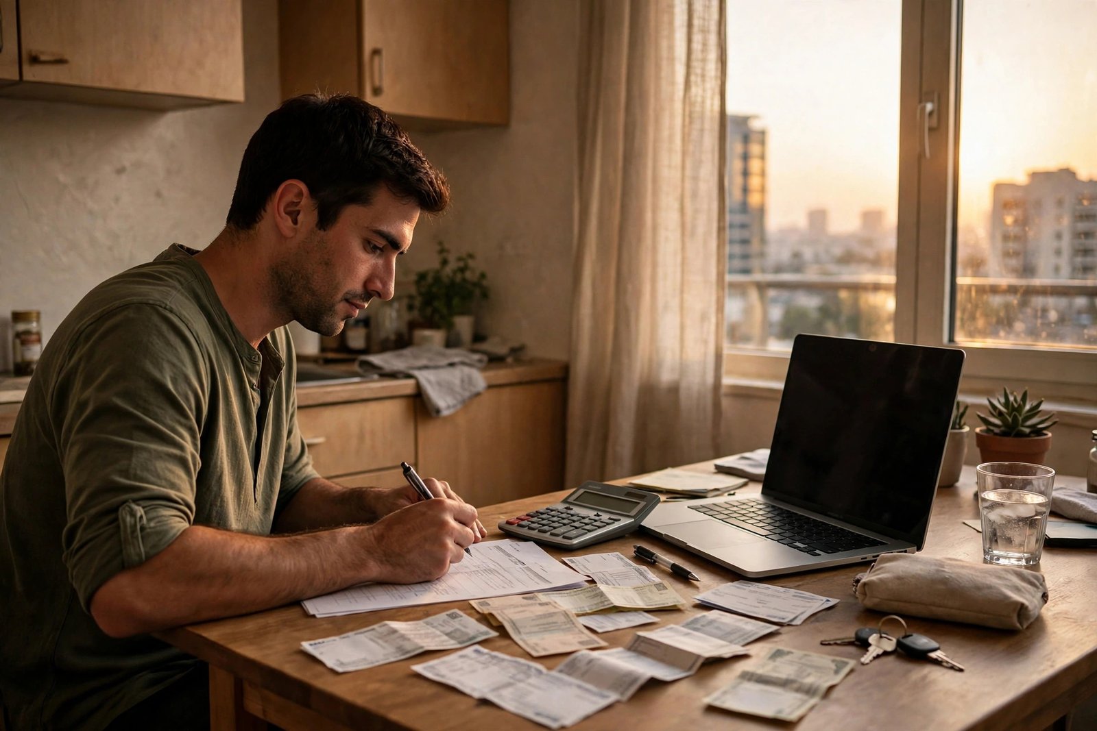 Person working out a monthly budget at a kitchen table in a Dubai apartment