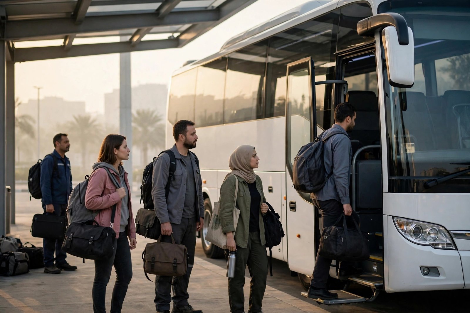 Commuters boarding an intercity bus at a Sharjah bus station in the early morning