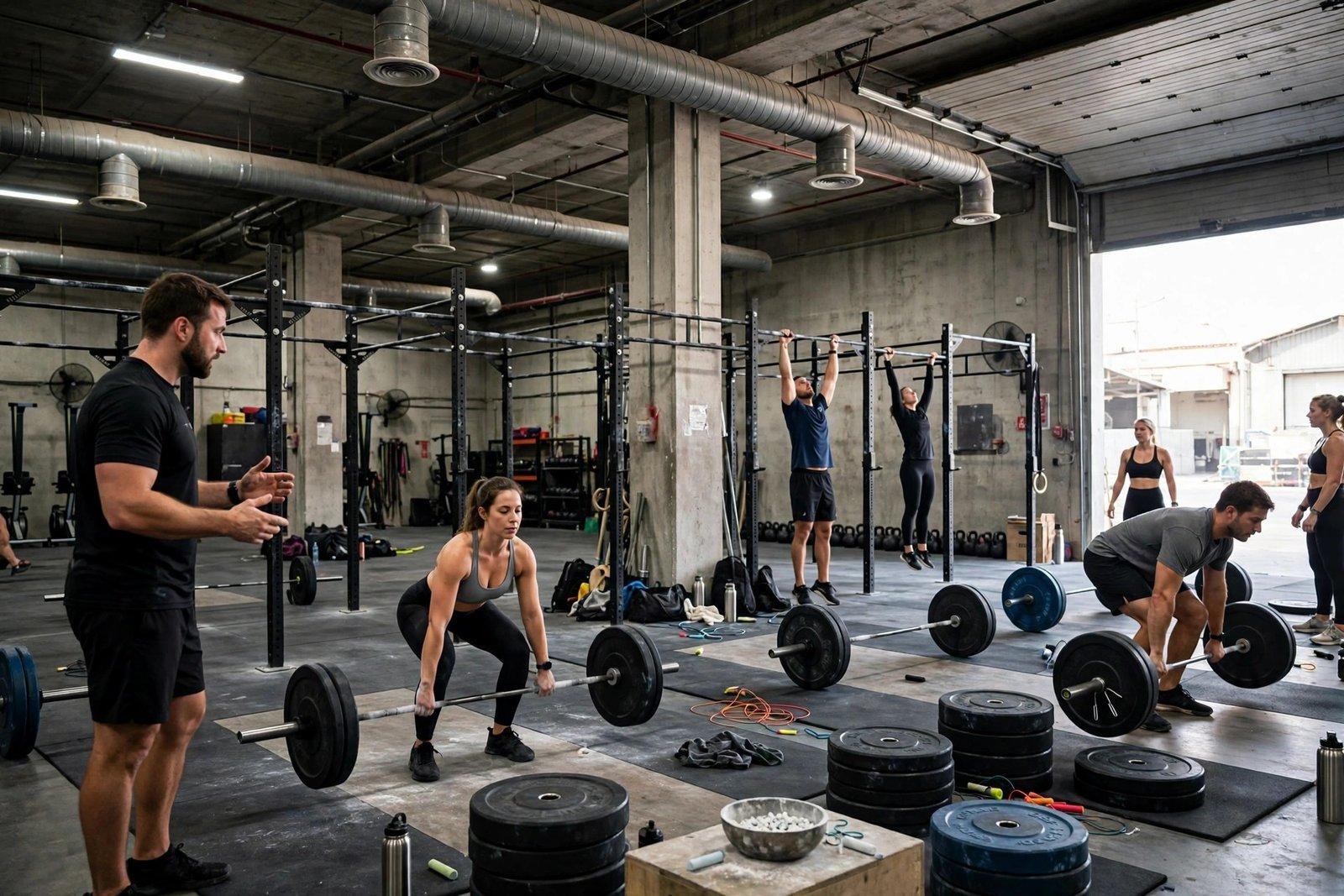 A coach-led CrossFit class in an Al Quoz box, members training with barbells and rigs
