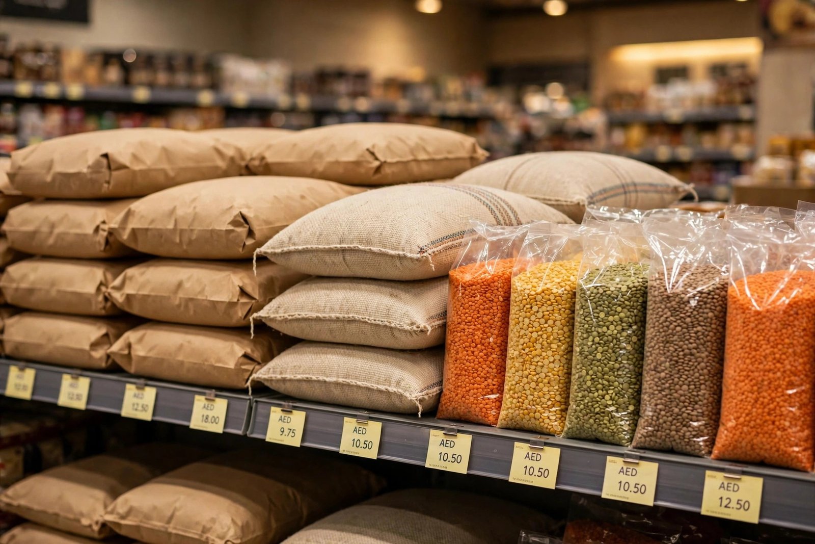 Desi staples shelf with atta, basmati rice and dals in a Dubai supermarket