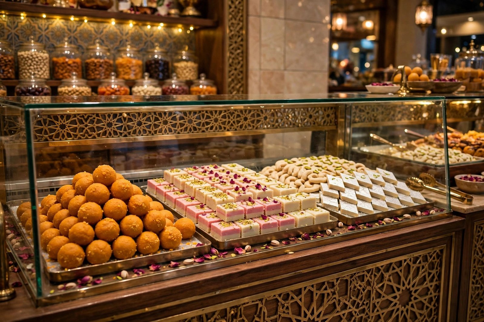Colourful mithai counter with trays of laddoo, barfi and kaju katli in a Dubai sweet shop