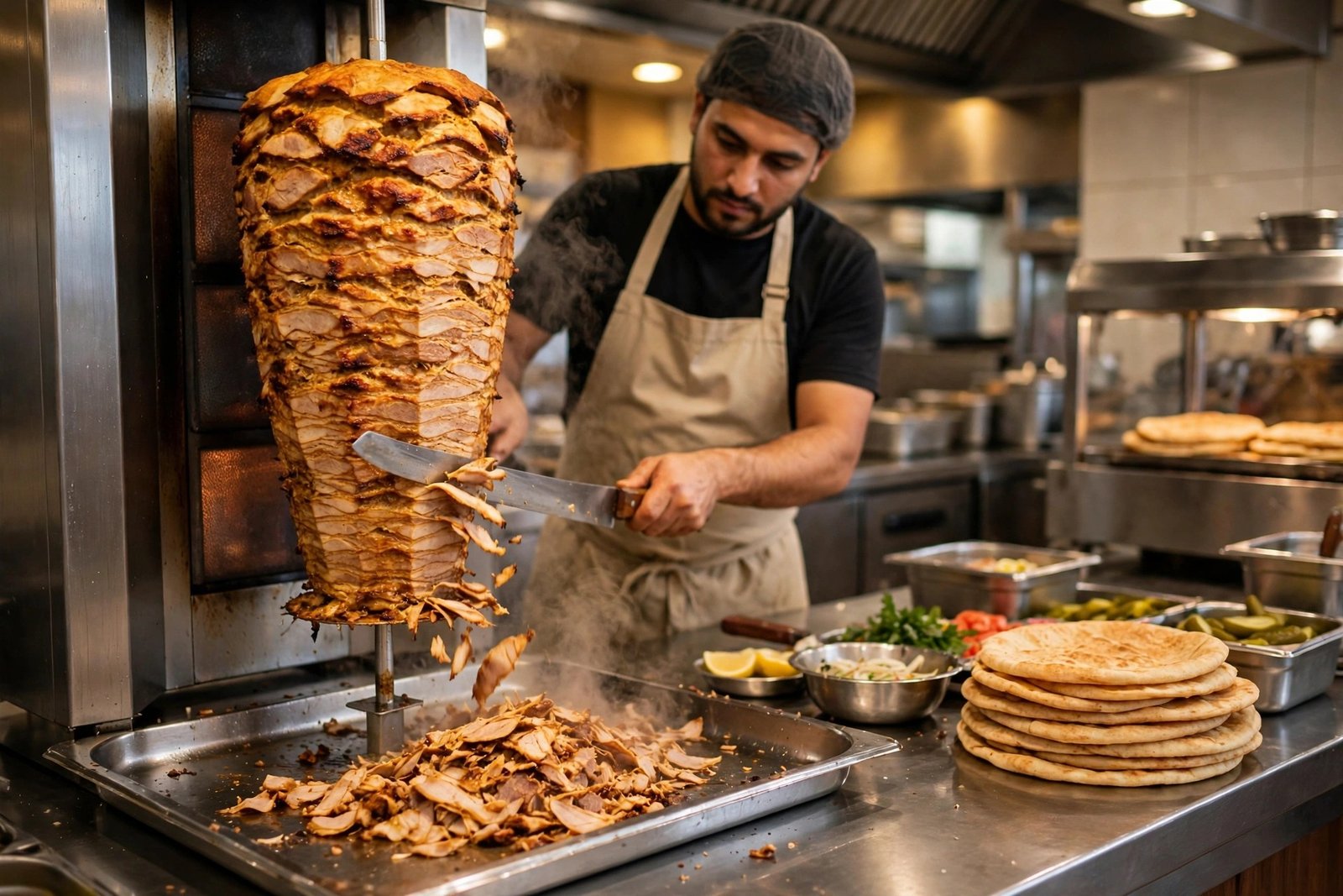 Shawarma being sliced from the spit at a Dubai cafeteria counter