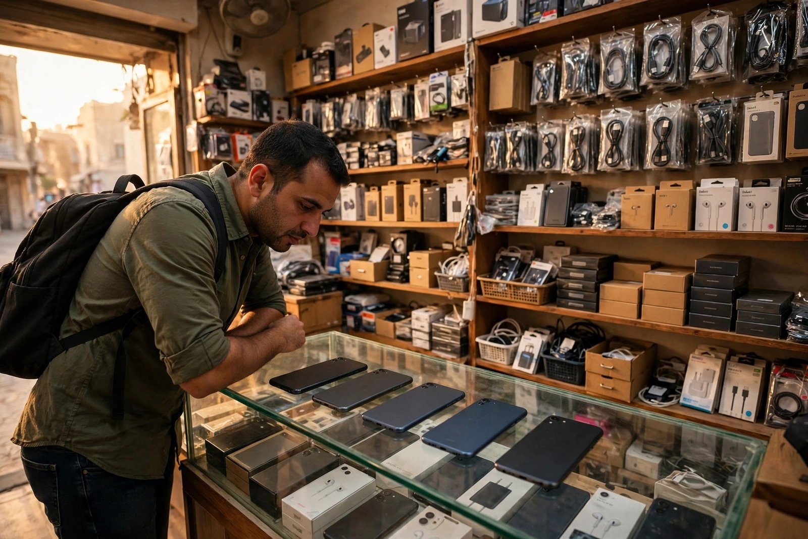 A shopper comparing phones in a small Dubai electronics shop