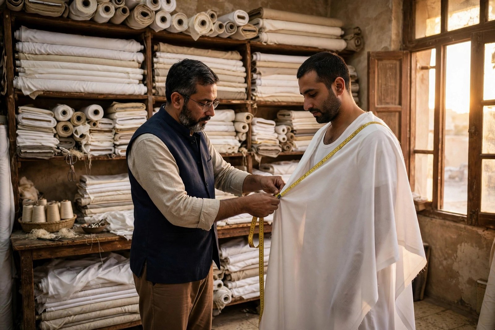 Tailor measuring white kandura fabric on a customer in a Deira tailor shop