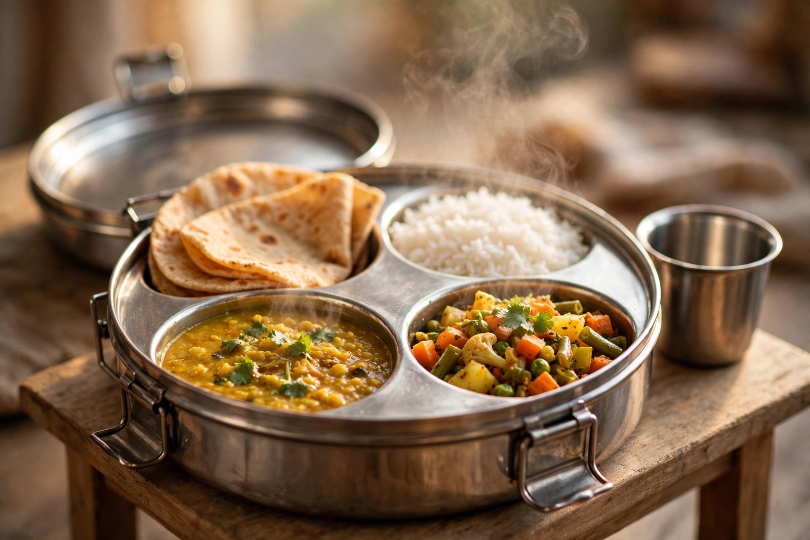 Opened steel tiffin carrier with roti, rice, dal and sabzi on a small table