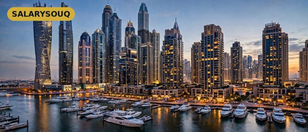 Dubai Marina luxury towers at dusk, one of the areas where Dubai real estate agents earn commission