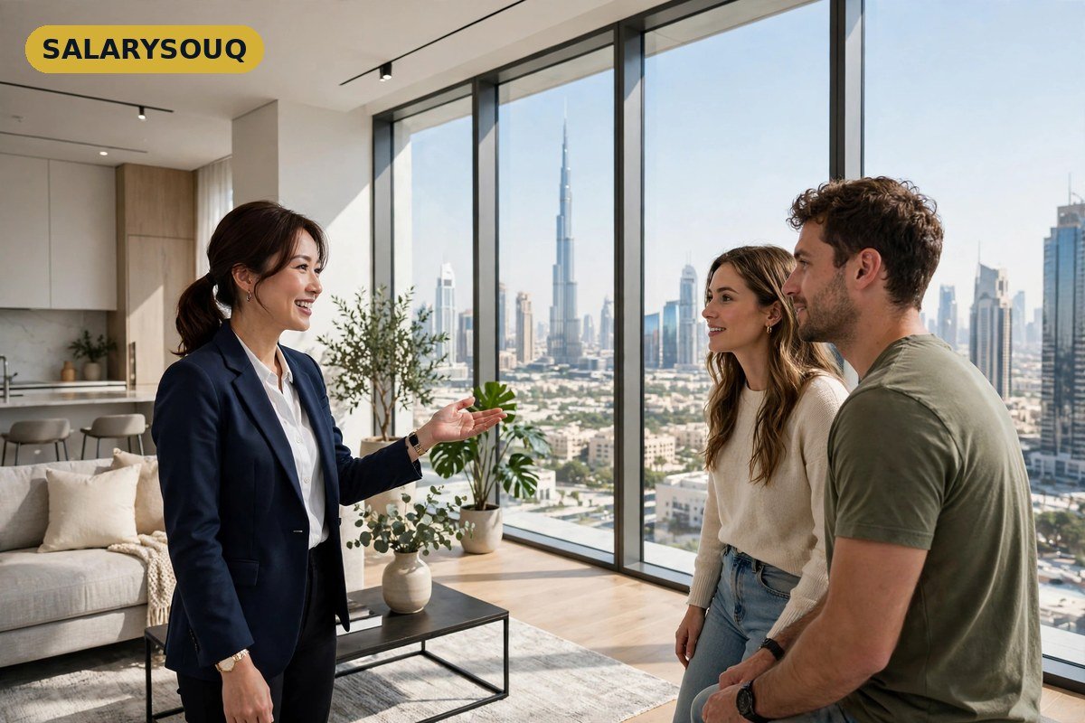 A real estate agent showing clients a modern Dubai apartment with a skyline view