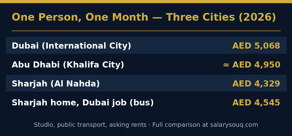 Monthly cost of living for one person 2026 — Dubai AED 5,068, Abu Dhabi about AED 4,950, Sharjah AED 4,329, Sharjah to Dubai commuter AED 4,545