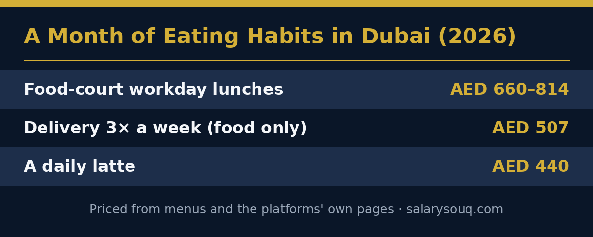 A month of eating habits in Dubai 2026 — food-court workday lunches AED 660 to 814, delivery three times a week AED 507 food only, a daily latte AED 440